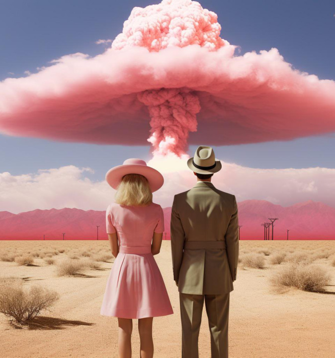 Deux personnes se tenant devant un champignon nucléaire