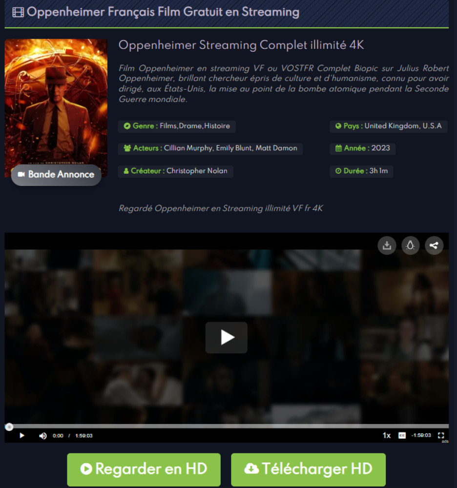 film Oppenheimer sur un site de streaming